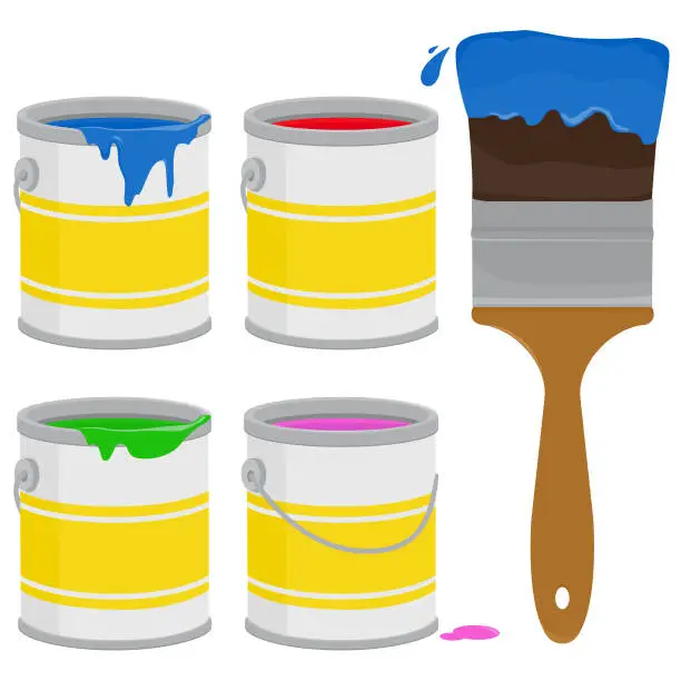 Vector illustration of Paint cans and a brush.