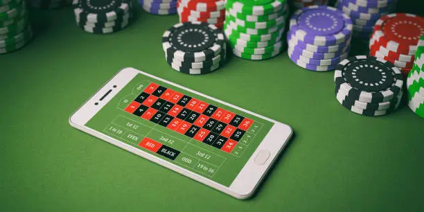 Online casino concept. Chips and smartphone on green felt background. 3d illustration