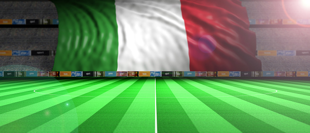Italy flag in an illuminated soccer stadium. 3d illustration