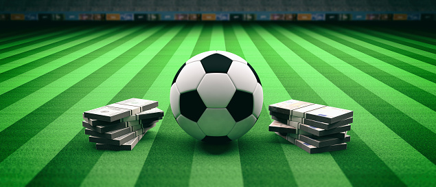 Soccer football ball and banknotes on an illumunated field grass background. 3d illustration