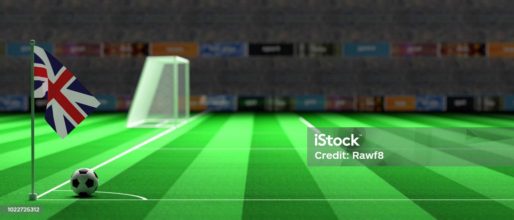 UK flag on a soccer field. 3d illustration United Kingdom flag on a soccer football field. 3d illustration England Stock Photo