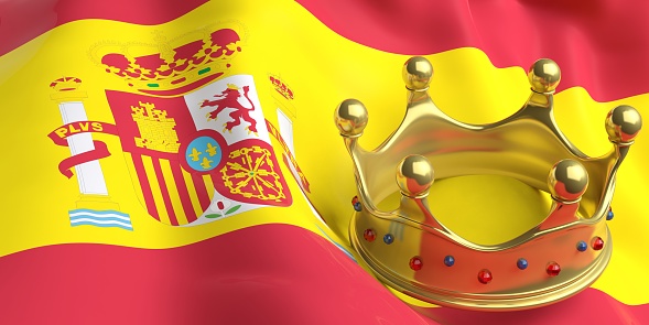 Monarchy of Spain. Golden crown on Spain flag background. 3d illustration