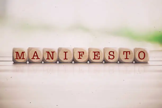 Photo of Manifesto word written on cube wooden blocks.