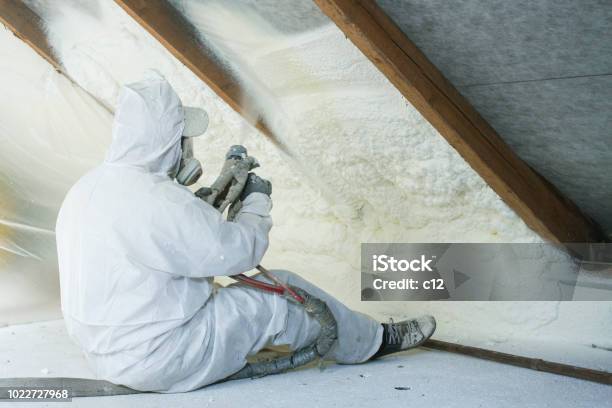 Spray Polyurethane Foam For Roof Stock Photo - Download Image Now - Insulation, Spray, Foam - Material