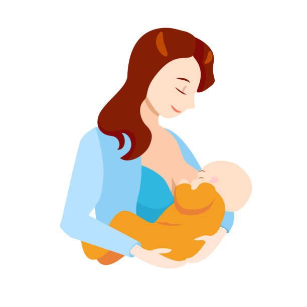 모유 수 유 개념 어머니와 신생아 만화. 벡터 - baby mother family crib stock illustrations