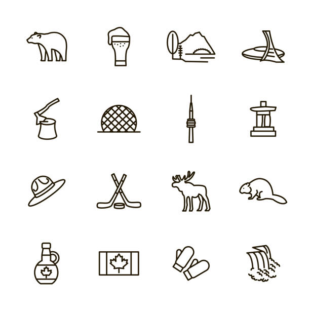 illustrations, cliparts, dessins animés et icônes de voyage canada signe une ligne mince noir icon set. vector - canadian icon