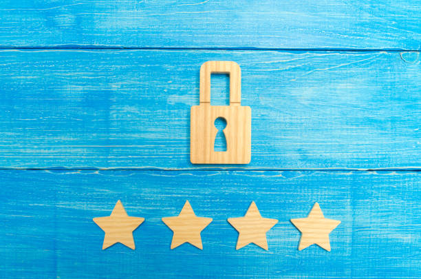istock Wooden padlocks and four stars. Security, security of users and business. Internet security, antivirus, data protection. Alarms of home, car and business. The concept of property protection. 1022734886