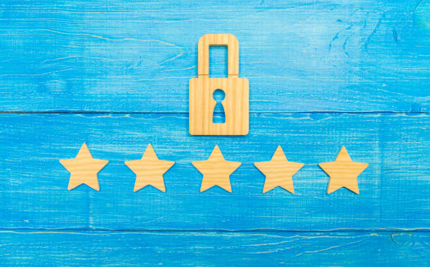 istock A wooden padlock and five stars. Security, security of users and business. Internet security, antivirus, data protection. Alarms of home, car and business. The concept of property protection. 1022734902