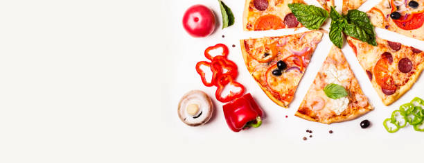 istock selection of Assorted pieces pizza on white background and ingredients. Pepperoni, Vegetarian and Seafood Pizza 1022738828