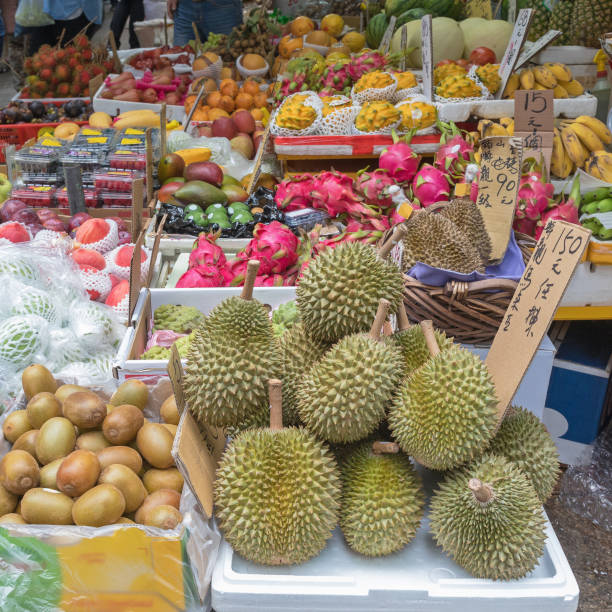 Durian and Other Tropical Fruit at Market Stall