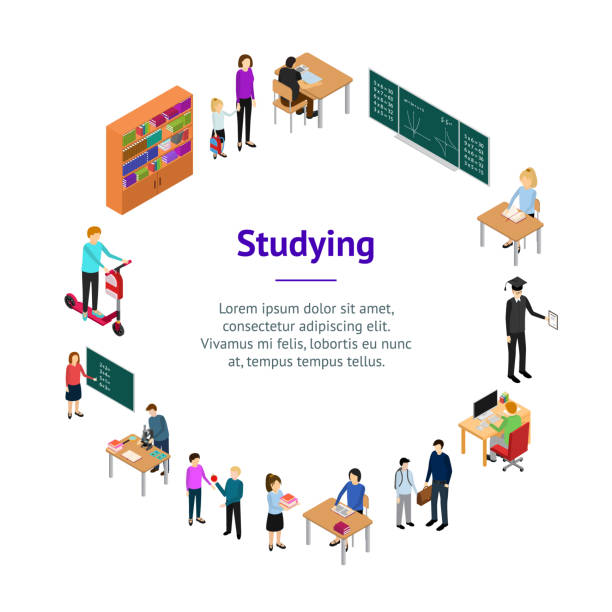 어린이 학생 및 교사 배너 카드 원 isometric 보기. 벡터 - presentation poster student classroom stock illustrations