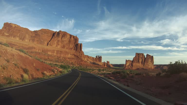 POV driving a car in Arches National Park