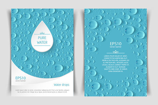 Two-sided vertical flyer of a4 format with realistic drops in the blue background. Design elements for postcard, banner, poster. Advertising of clean water and goods associated with clean water.