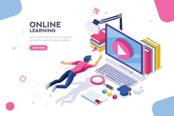 Online Tutorial Template for Website Desk of class seminar or courses. Online tutorial infographic for college research. Teaching cap on app for distance e-learning graduation. Concept with characters, flat isometric vector illustration. graduation celebration at home stock illustrations