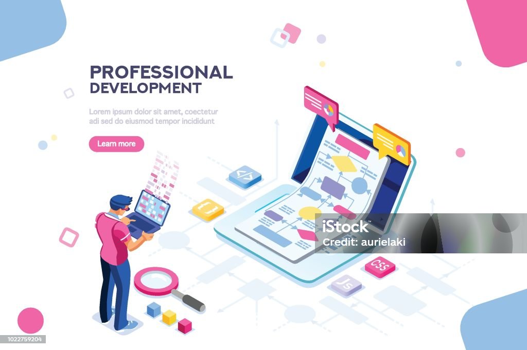 Technical Template for Website Programmer person and interactive technical software. Professional code for company concept with characters and text services. Flat isometric flowchart icons for infographic images vector illustration Flow Chart stock vector