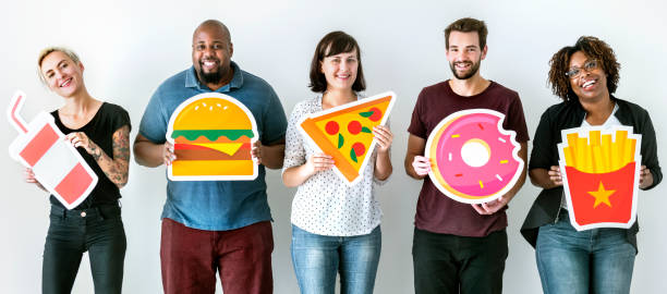 Diverse friends with food icons