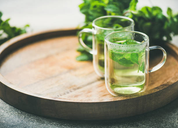 istock Hot herbal mint tea in glass mugs on tray 1022762540