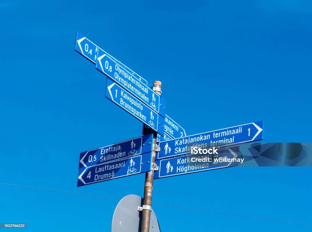 Signpost in Helsinki, capital of Finland A multi-branched signpost near the harbour in Helsinki, capital of Finland. It gives direction in both Finnish and Swedish. Zoo Stock Photo