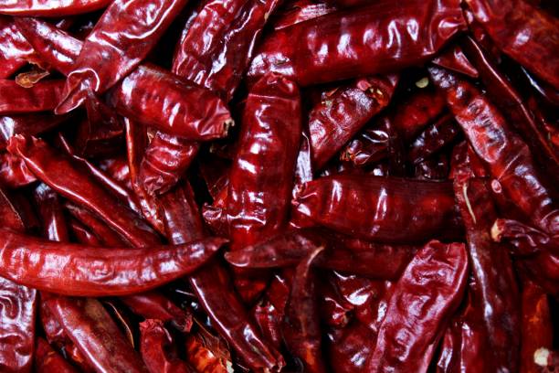 close up of red hot dry chili pepper found in a house in sri lanka stock photo