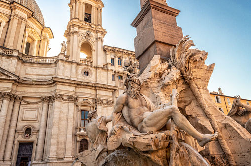Detail of the fountain of the 4 rivers (Fontana dei quattro Fiumi) on piazza Navona, Rome, Italy