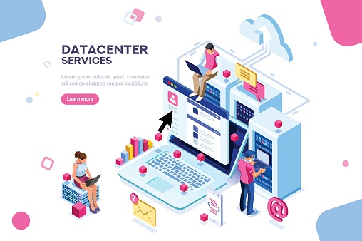 Internet datacenter connection, administrator of web hosting concept. Character and text for services. Tech repair center hardware software database for safe server. Flat isometric vector illustration