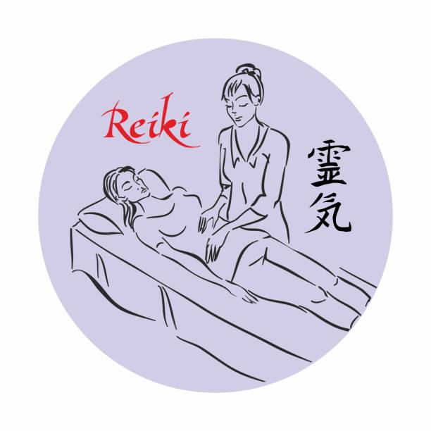 illustrations, cliparts, dessins animés et icônes de reiki de guérison. maître reiki dirige une séance de traitement pour le patient. médecine alternative. croquis. logo. vector. - reiki