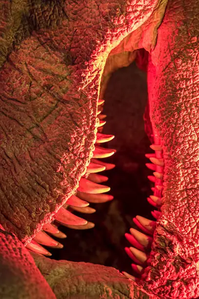 Photo of Monster. Close-up of dinosaur creature teeth under evil red light.