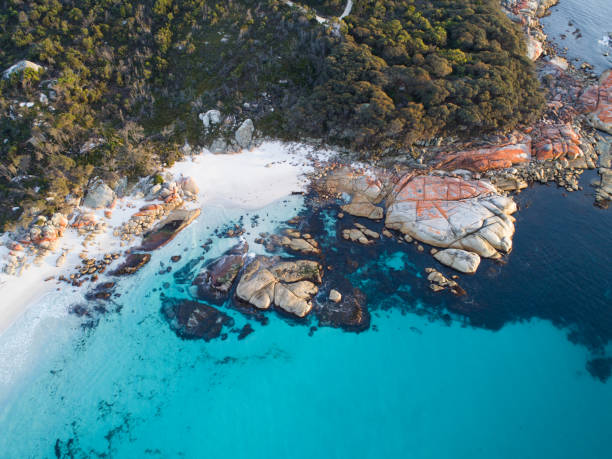 Tasmanian East Coast Aerial Aerial photograph captured at the Bay of Fires, Tasmania on sunrise. bay of fires photos stock pictures, royalty-free photos & images