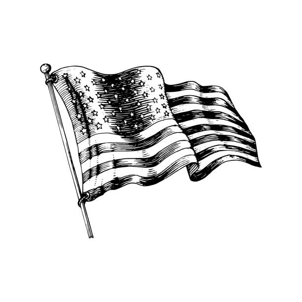 illustrazioni stock, clip art, cartoni animati e icone di tendenza di bandiera nazionale americana, illustrazione vettoriale disegnata in stile inciso. utilizzato per biglietto d'auguri, poster festivo. - usa politics flag american culture