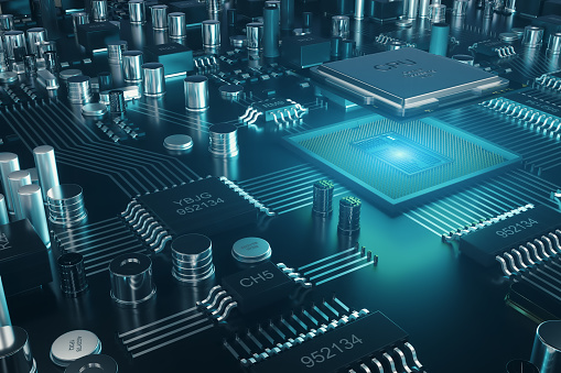 Circuit board. Technology background. Central Computer Processors CPU concept. Motherboard digital chip, tech science background. Integrated communication processor. 3D illustration