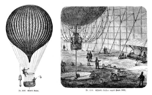 Hot Air Balloon with passenger navigating Paris France Hot Air Balloon from Giffard with passenger navigating 1869
Henri Giffard was born in Paris in 1825. He invented the injector and the Giffard dirigible, an airship powered with a steam engine and weighing over 180 kg (400 lb).
Original edition from my own archives
Source : Illustriertes Konversations Lexikon 1878 black and white balloons stock illustrations
