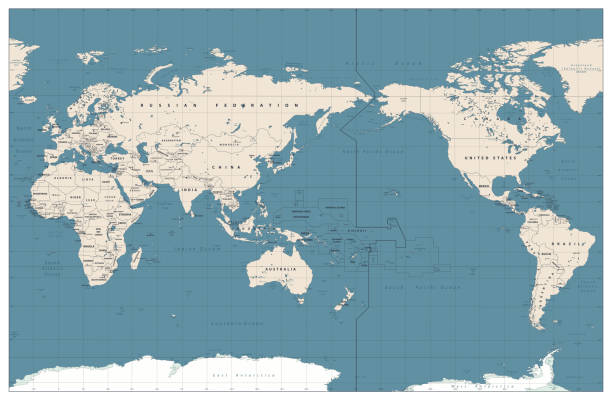 Pacific Centered World Map Vintage Color Pacific Centered World Map Vintage Color. Countries and capitals, cities, borders and water objects, state outline. Detailed World Map vector illustration. pacific ocean stock illustrations