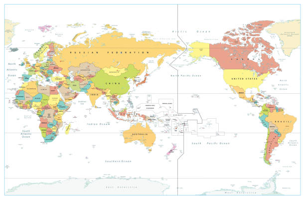ilustraciones, imágenes clip art, dibujos animados e iconos de stock de pacífico centrado en el mundo color mapa aislado en blanco - en el centro