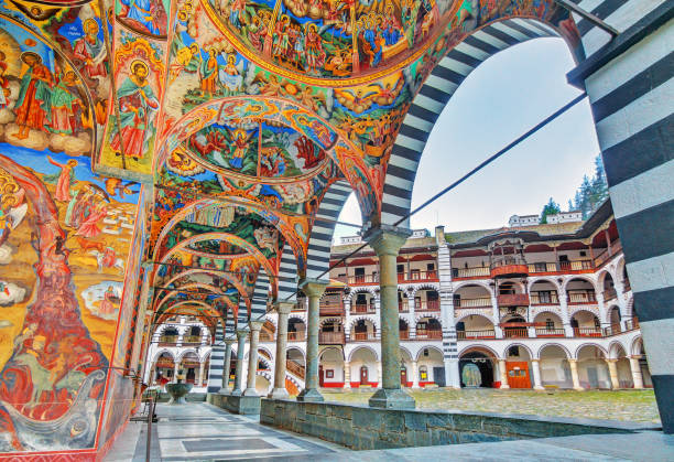 Rila vibrant decoration Beautiful view of the vibrant decoration of the Orthodox Rila Monastery, a famous tourist attraction and cultural heritage monument in the Rila Nature Park mountains in Bulgaria medieval fresco stock pictures, royalty-free photos & images