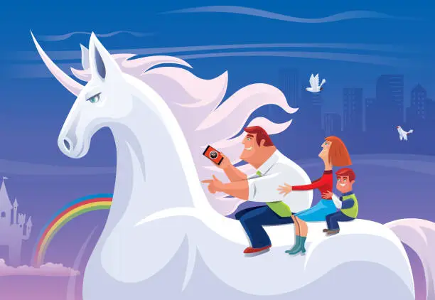 Vector illustration of parents and son riding on unicorn