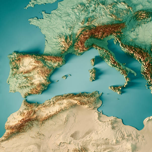 méditerranée occidentale 3d rendent la couleur de la carte topographique - ligurian sea photos et images de collection
