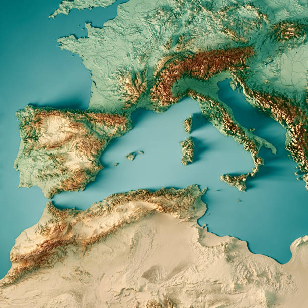 colore mappa topografica rendering 3d del mar mediterraneo occidentale - atlas mountains foto e immagini stock