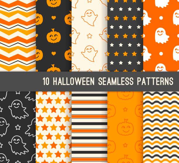Ten Halloween different seamless patterns. Endless texture for wallpaper, web page background, wrapping paper. Smiling cute ghosts and pumpkins Ten Halloween different seamless patterns. Endless texture for wallpaper, web page background, wrapping paper. Smiling cute ghosts and pumpkins halloween patterns stock illustrations