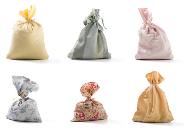 Decorative textile sachet pouches on white background