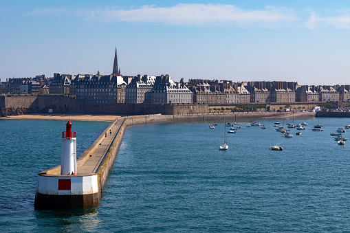 The walled city and port of Saint Malo on the Brittany coast of northwest France.