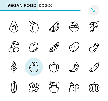 20 Outline Style - Black line - Pixel Perfect icons / Set #58
Icons are designed in 48x48pх square, outline stroke 2px.

First row of outline icons contains: 
Avocado, Plum (Apricot), Orange Slice, Mortar and Pestle,  Olive Branch;

Second row contains: 
Cherry, Lemon-Fruit, Green Pea, Potato, Eggplant;

Third row contains: 
Whole Wheat, Apple-Fruit, Bell Pepper, Chili Pepper, Cucumber; 

Fourth row contains: 
Celery, Ginger, Coconut Cocktail, Salt and Pepper Shaker, Pumpkin.

Complete Primico collection - https://www.istockphoto.com/collaboration/boards/NQPVdXl6m0W6Zy5mWYkSyw