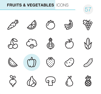 20 Outline Style - Black line - Pixel Perfect icons / Set #57 
Fruits & Vegetables icons are designed in 48x48pх square, outline stroke 2px.

First row of outline icons contains: 
Carrot, Orange Slice, Tomato, Bananas, Grape icon;

Second row contains: 
Cherry, Broccoli, Onion, Apple-Fruit, Corn-Crop;

Third row contains: 
Watermelon, Bell Pepper, Strawberry, Potato, Cucumber; 

Fourth row contains: 
Turnip, Garlic, Champignon, Pear, Pineapple.

Complete Primico collection - https://www.istockphoto.com/collaboration/boards/NQPVdXl6m0W6Zy5mWYkSyw