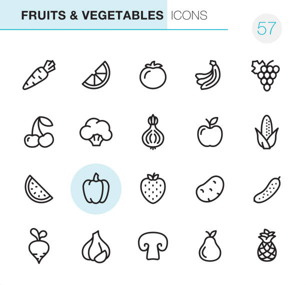 Fruits & Vegetables - Pixel Perfect icons 20 Outline Style - Black line - Pixel Perfect icons / Set #57 
Fruits & Vegetables icons are designed in 48x48pх square, outline stroke 2px.

First row of outline icons contains: 
Carrot, Orange Slice, Tomato, Bananas, Grape icon;

Second row contains: 
Cherry, Broccoli, Onion, Apple-Fruit, Corn-Crop;

Third row contains: 
Watermelon, Bell Pepper, Strawberry, Potato, Cucumber; 

Fourth row contains: 
Turnip, Garlic, Champignon, Pear, Pineapple.

Complete Primico collection - https://www.istockphoto.com/collaboration/boards/NQPVdXl6m0W6Zy5mWYkSyw fruit icons stock illustrations