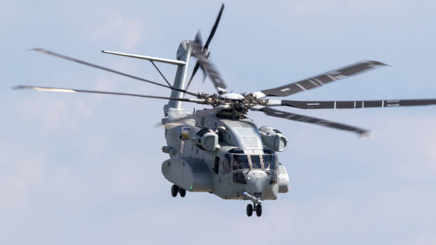 BERLIN - APR 27, 2018: New US Marines Sikorsky CH-53K King Stallion heavy transport helicopter in flight.