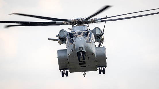 BERLIN - APR 27, 2018: New US Marines Sikorsky CH-53K King Stallion heavy transport helicopter in flight.