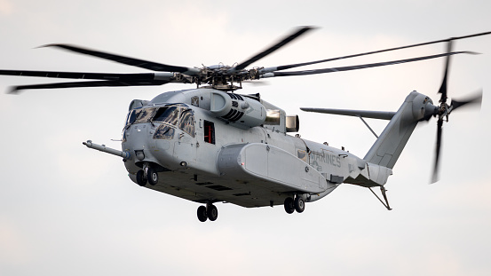 BERLIN - APR 27, 2018: New US Marines Sikorsky CH-53K King Stallion heavy transport helicopter in flight.