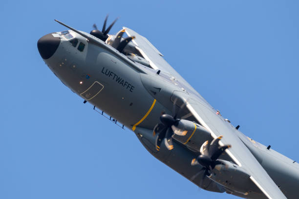WUNSTORF, GERMANY - JUNE 9, 2018: German Air Force (Luftwaffe) Airbus A400M military transport plane in flight.