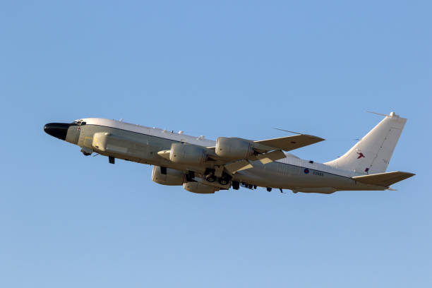 MILDENHALL, UK - JUL 12, 2018: Royal Air Force Boeing RC-135W Rivet Joint military reconnaissance aircraft taking of from RAF Mildenhall airbase.