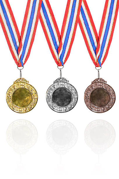 ouro, prata e bronze medalhas - award bronze medal medal ribbon imagens e fotografias de stock