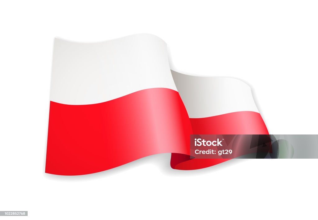 Drapeau Pologne ondulant sur blanc. Drapeau dans le vent. - clipart vectoriel de Drapeau polonais libre de droits